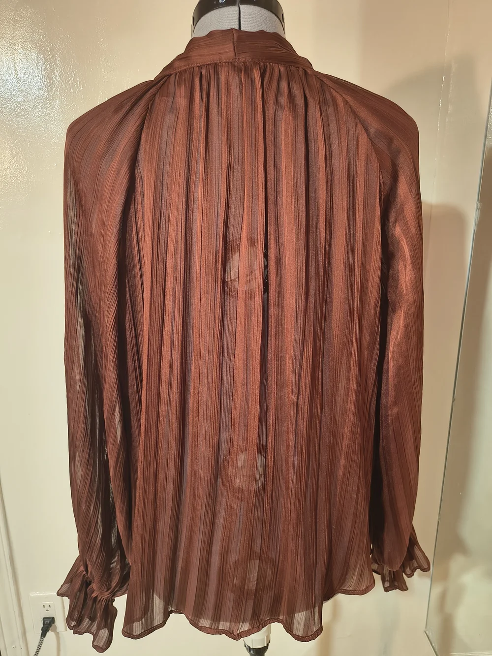 Zara Rust Sheer Long-Sleeve Tie-Neck Blouse - Picture 4 of 10